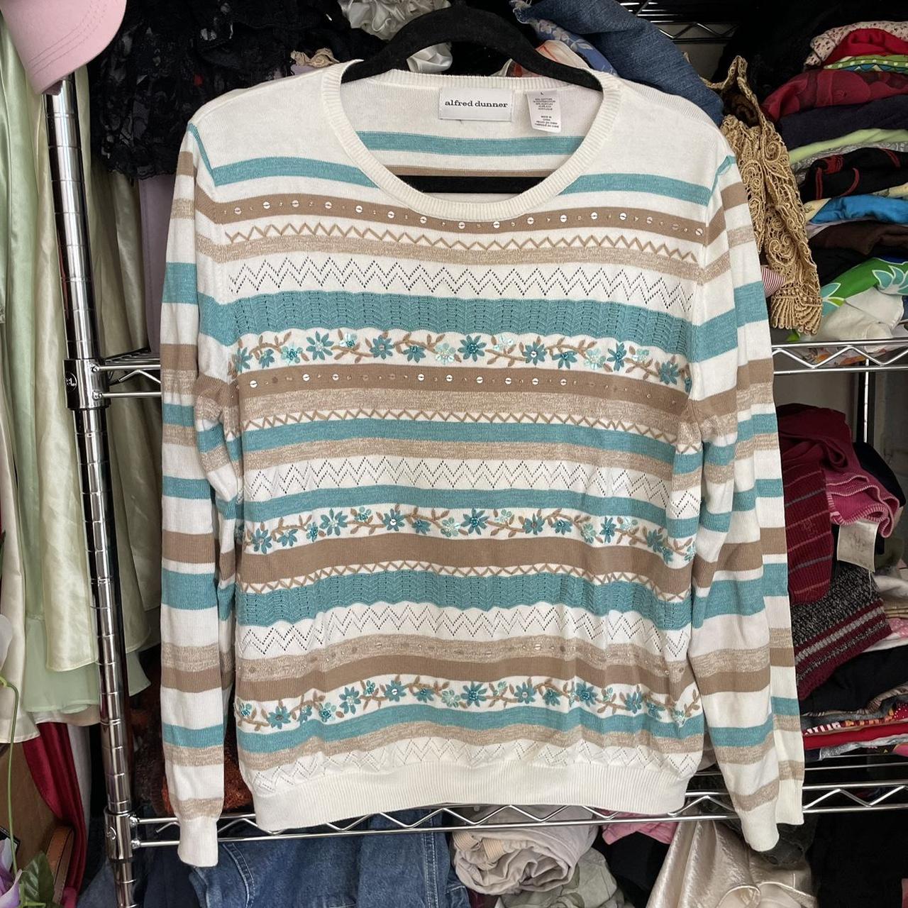 white striped alfred dunner sweater blue and brown