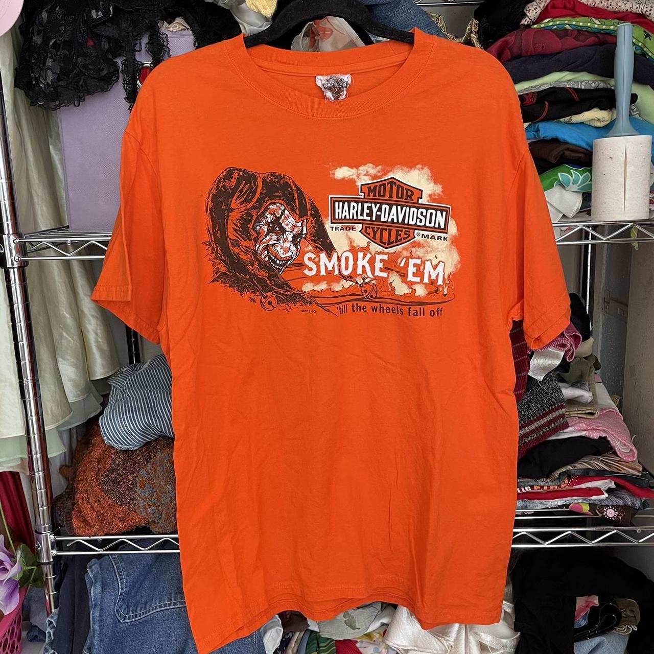 orange graphic harley davidson tshirt no known... - Depop