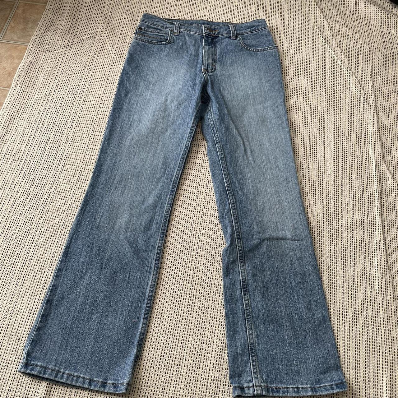 blue wrangler straight leg jeans adjustable waist... - Depop