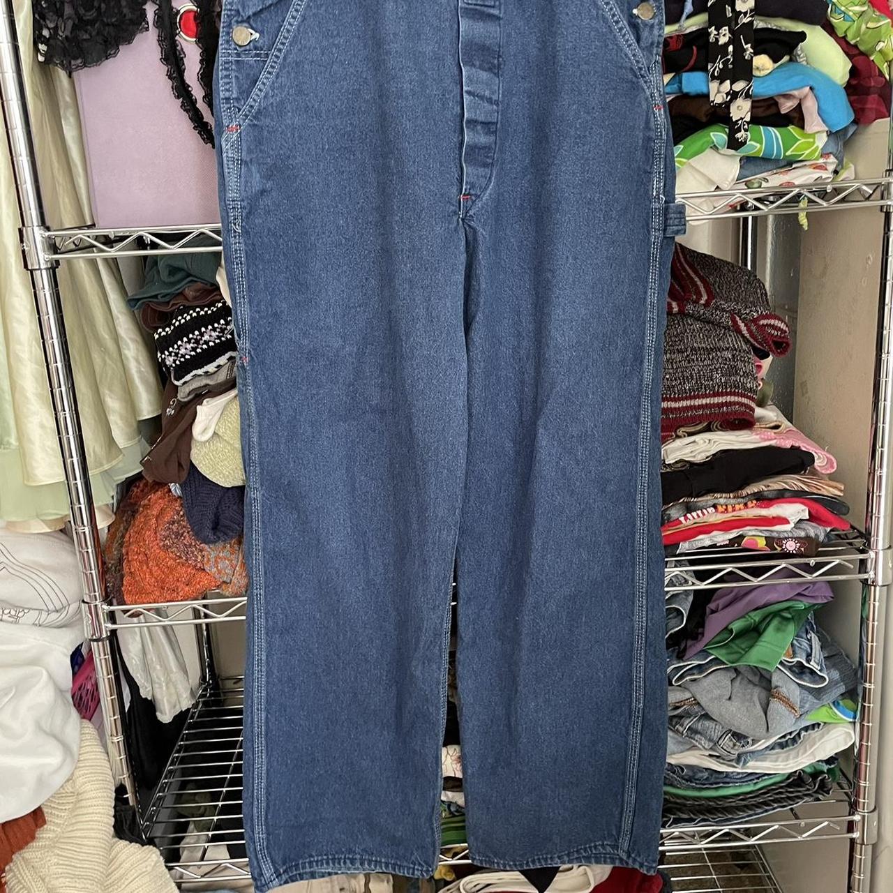 blue denim overalls fits small-medium, no visible... - Depop