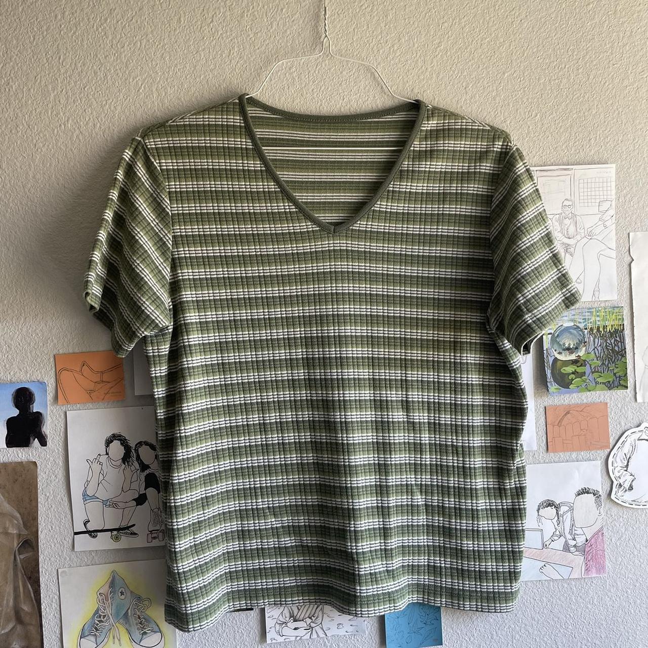 Ribbed Green And White Striped Shirt- Really Soft - Depop