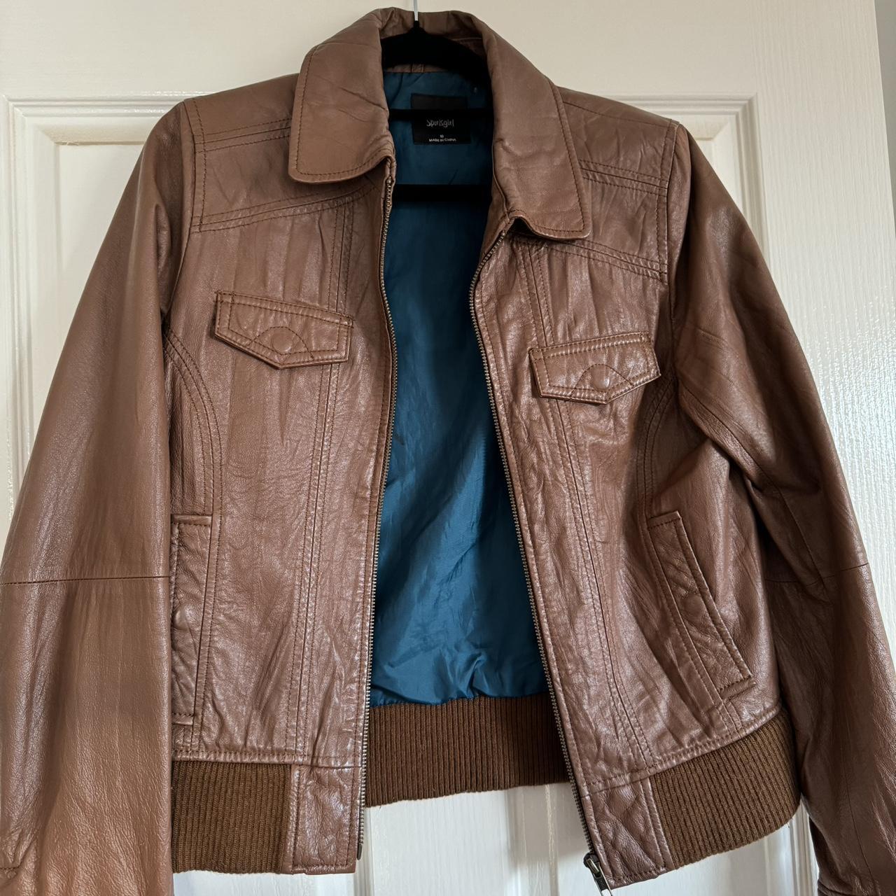Brown leather bomber jacket. Preloved in excellent... Depop