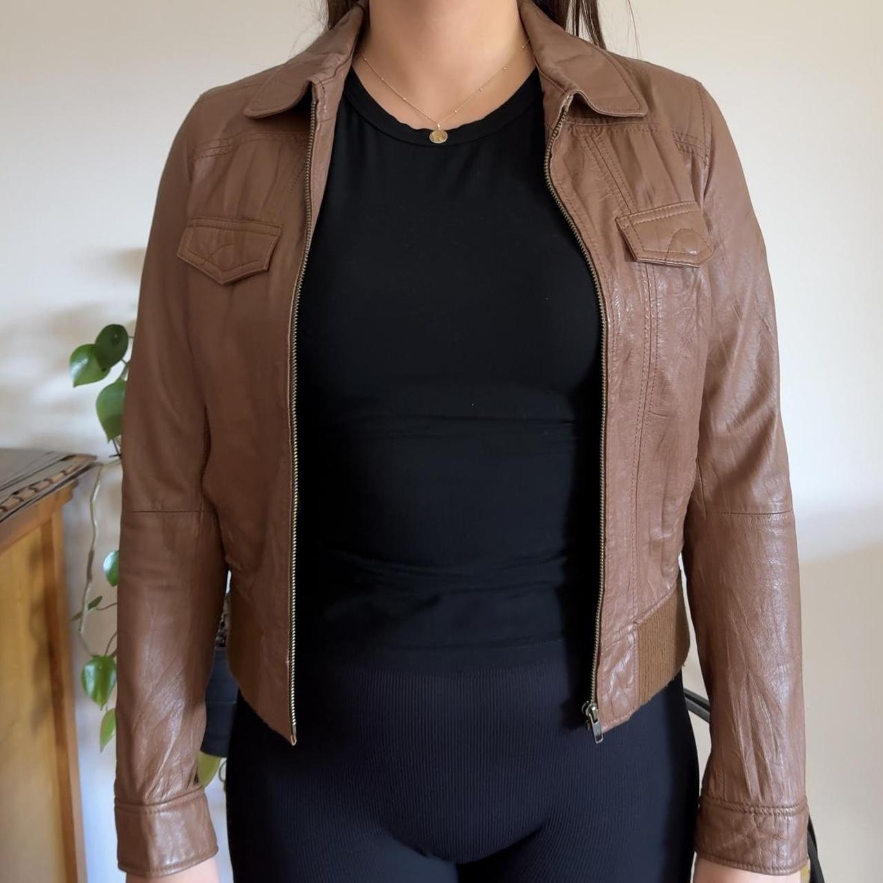 Brown leather bomber jacket. Preloved in excellent... Depop