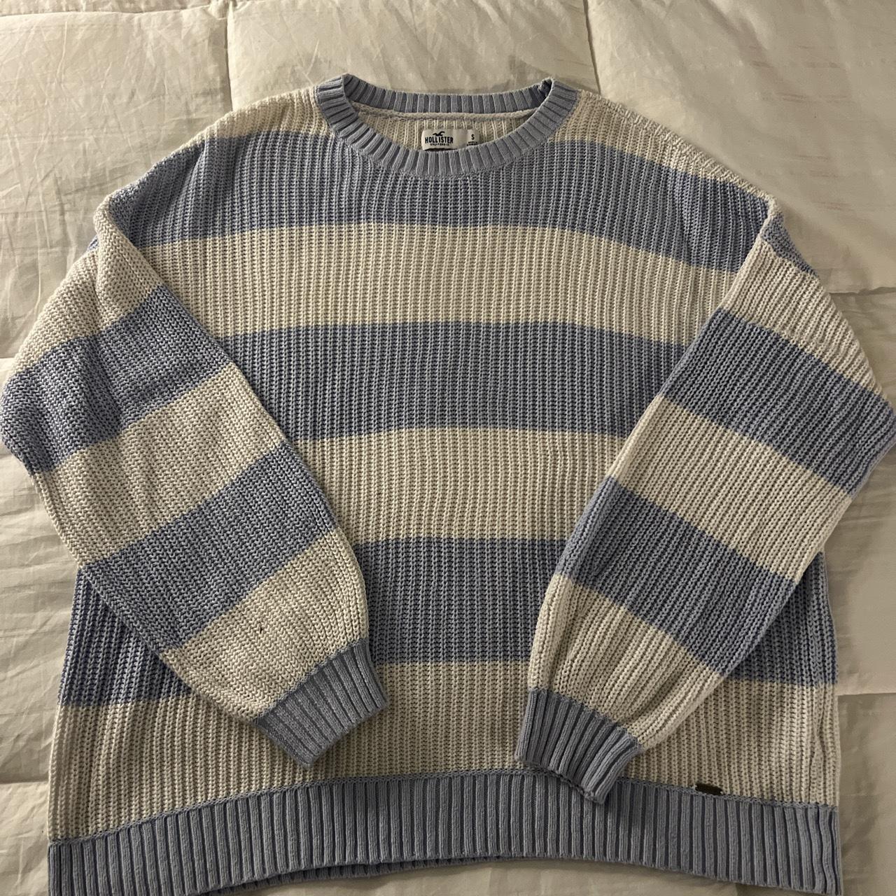 HOLLISTER Baby Blue and Cream Striped Knit... - Depop