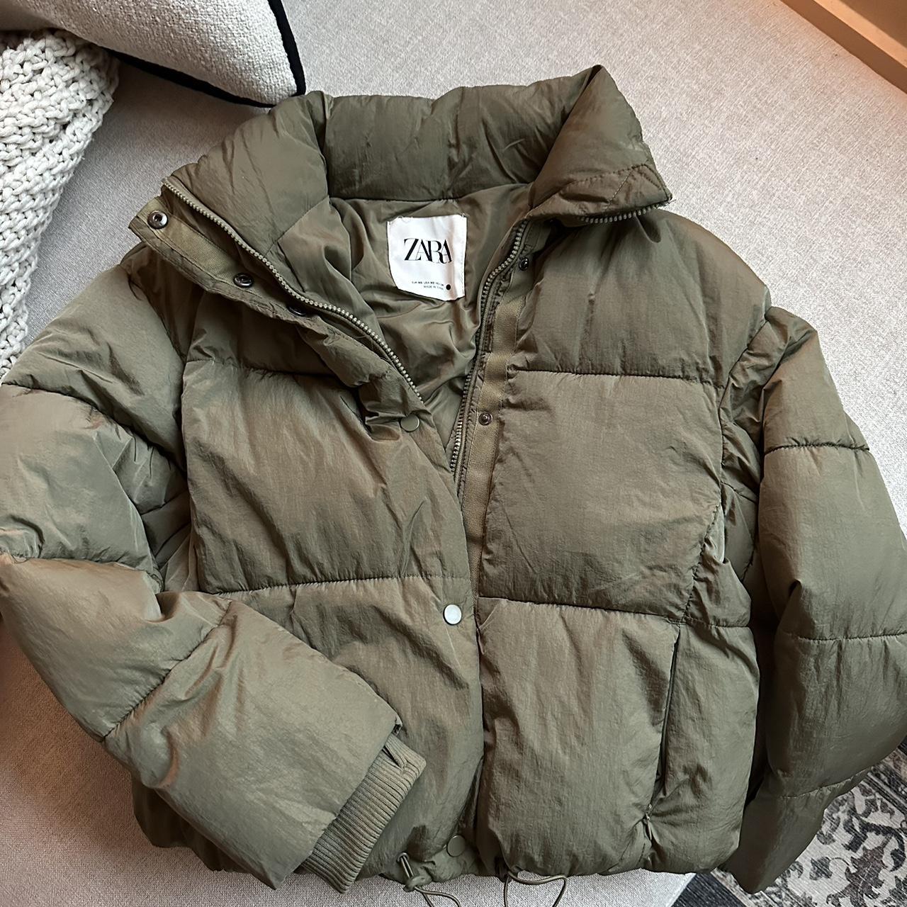 Zara olive green puffer jacket like new - Depop