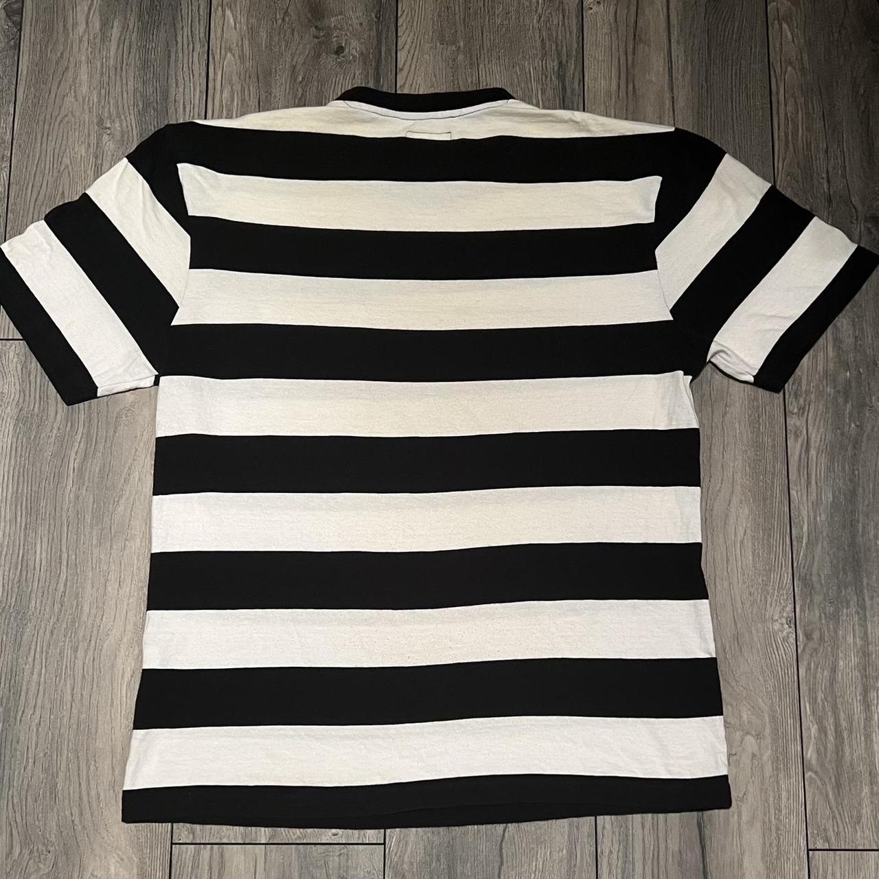 Stussy Black and White/Cream Striped Tee Shirt... - Depop