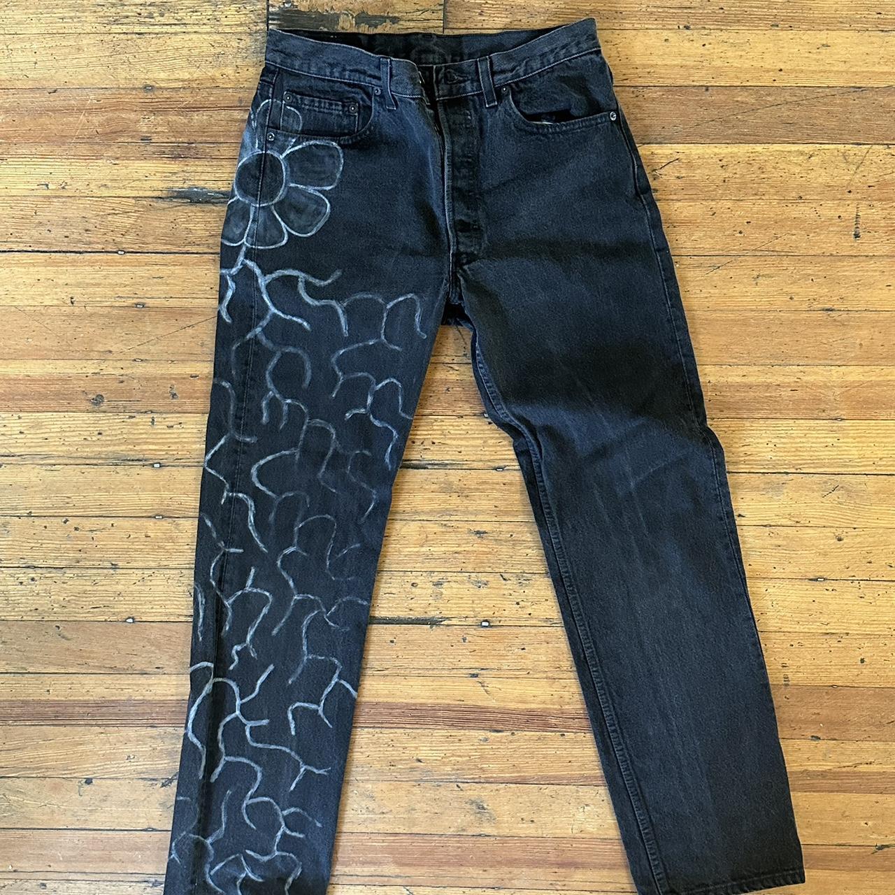 custom drawn-on black levi jeans with flower/ chain... - Depop