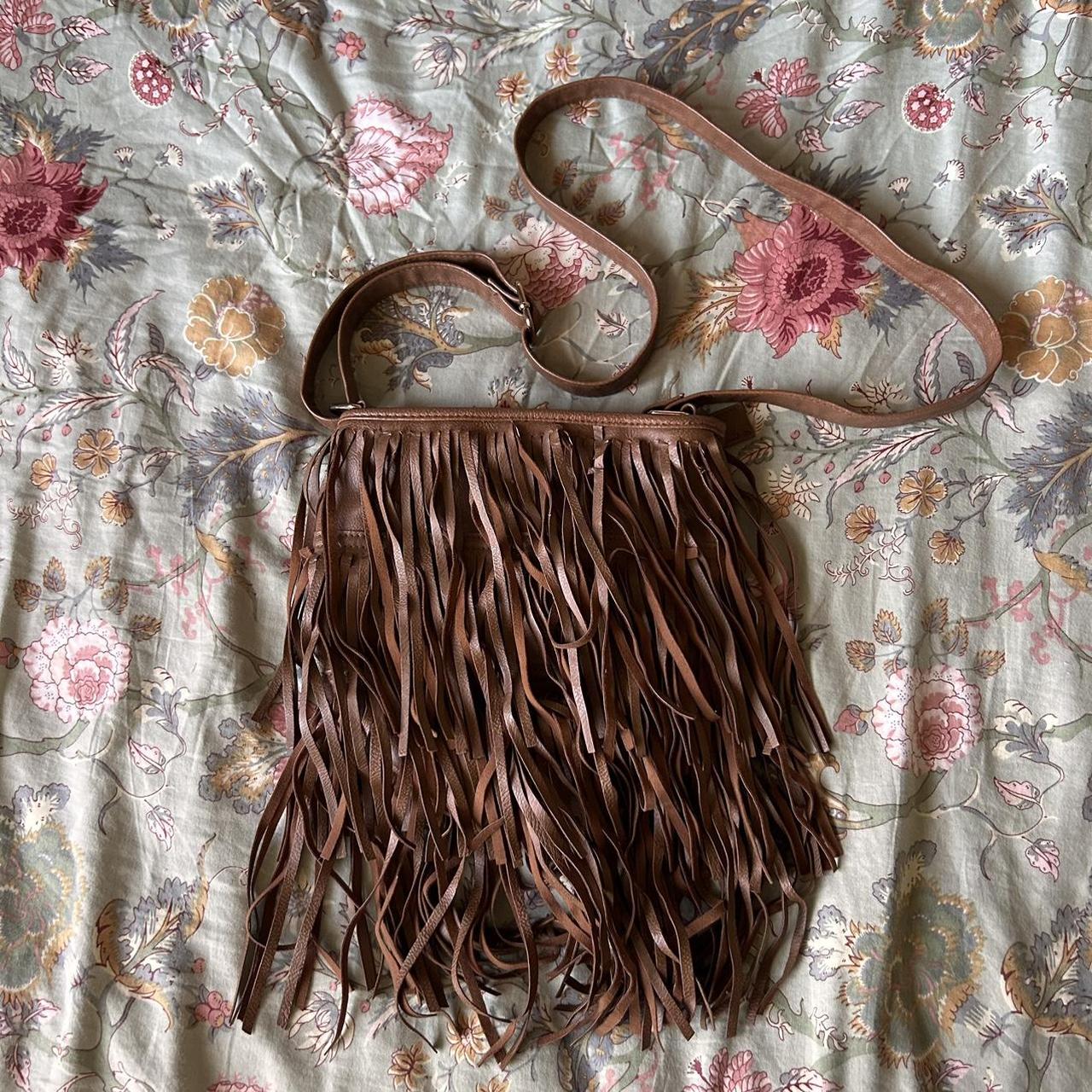 Brown faux leather tassel cross body bag/