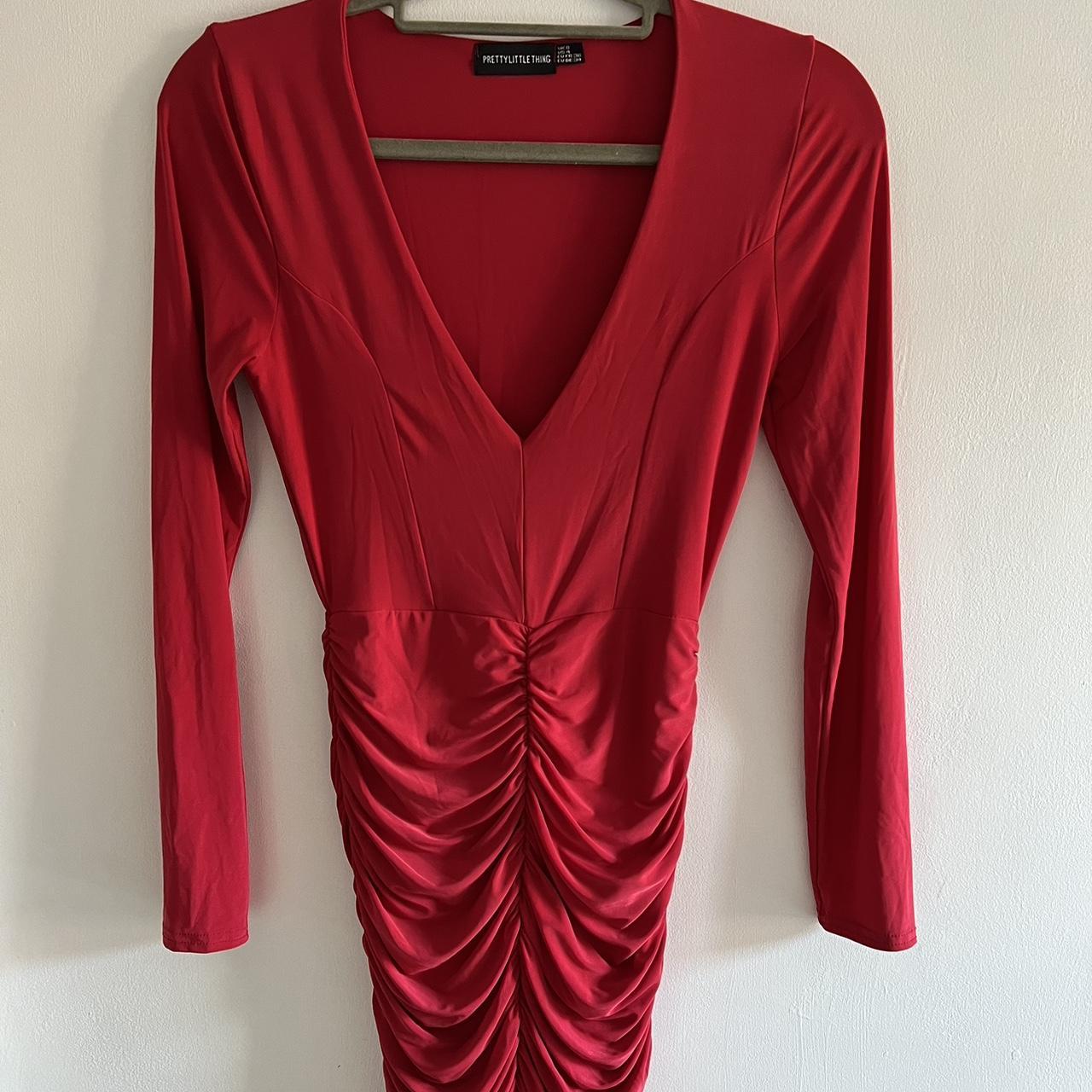 Pretty Little Thing Shape Red Ruched Plunge Mini... - Depop