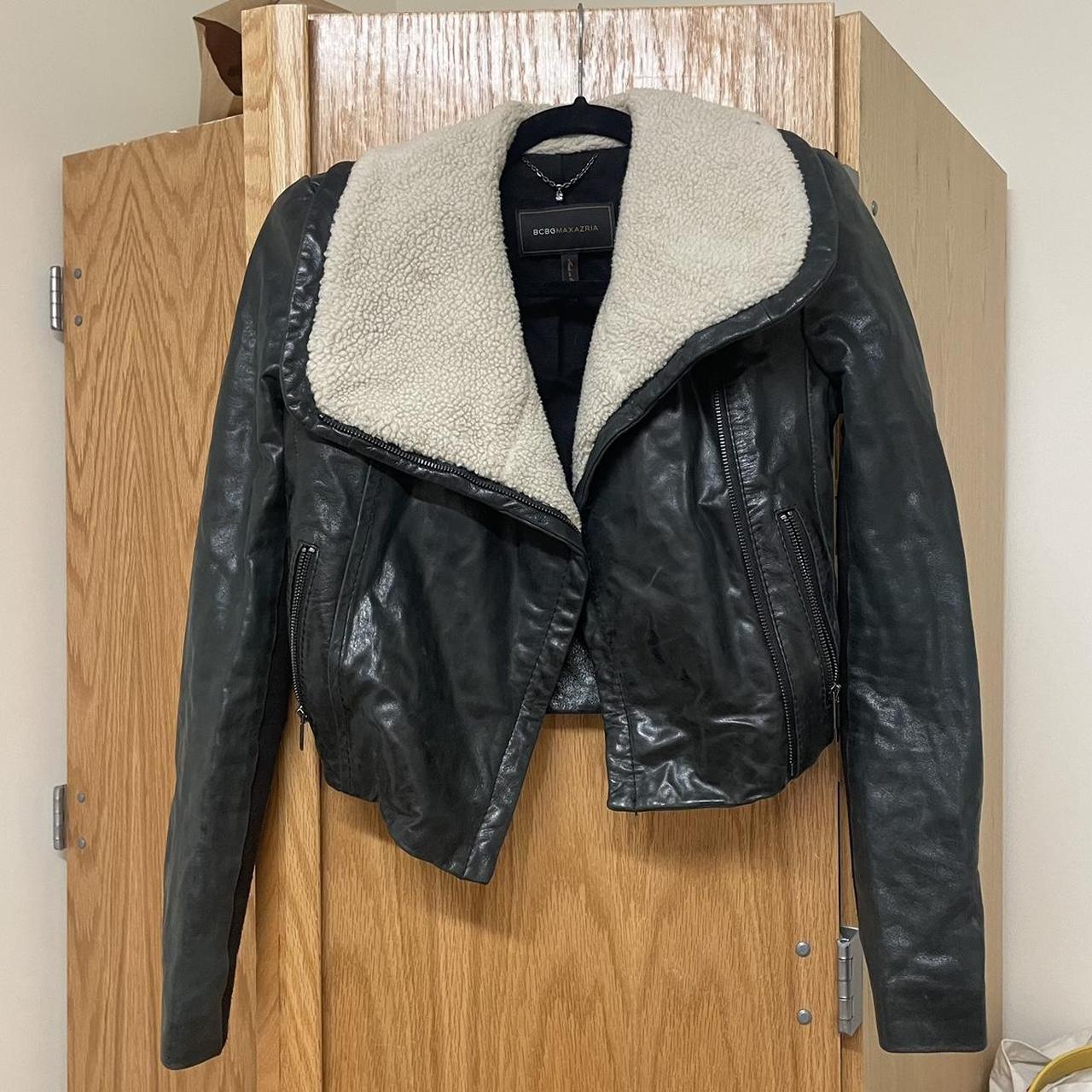 leather jacket with fleece collar super cute but. Depop