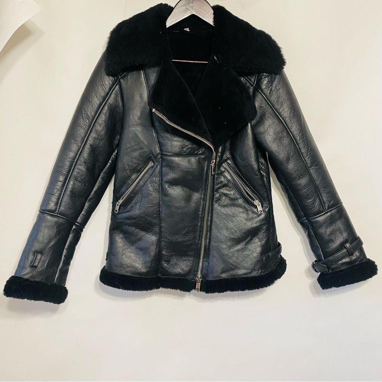 Black Leather Shearling Motorcycle Jacket Size... - Depop