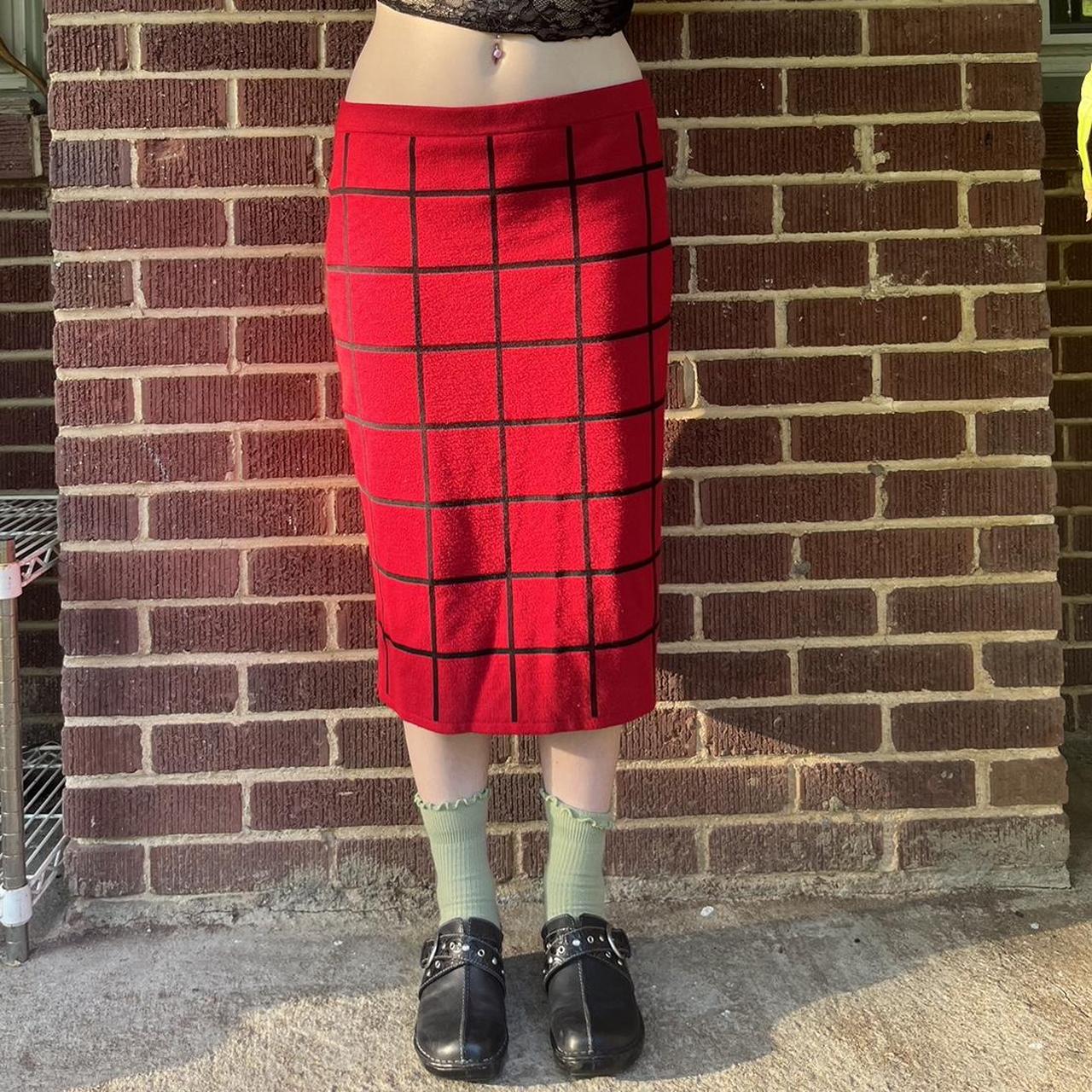 Red and black checkered soft midi skirt brand is... Depop