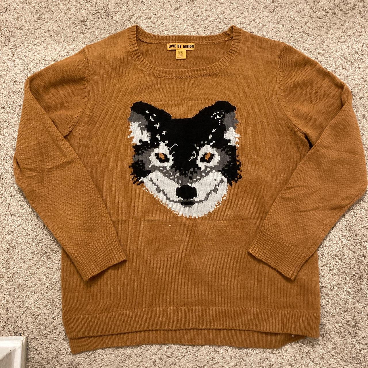 Love By Design brown knit sweater with gray wolf