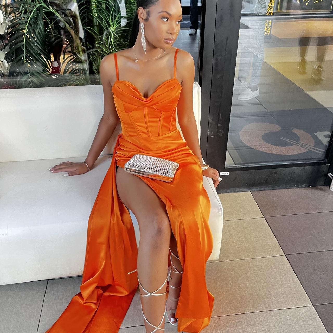 Elayna Orange Strappy Satin Corset High Slit Gown – Miss Circle