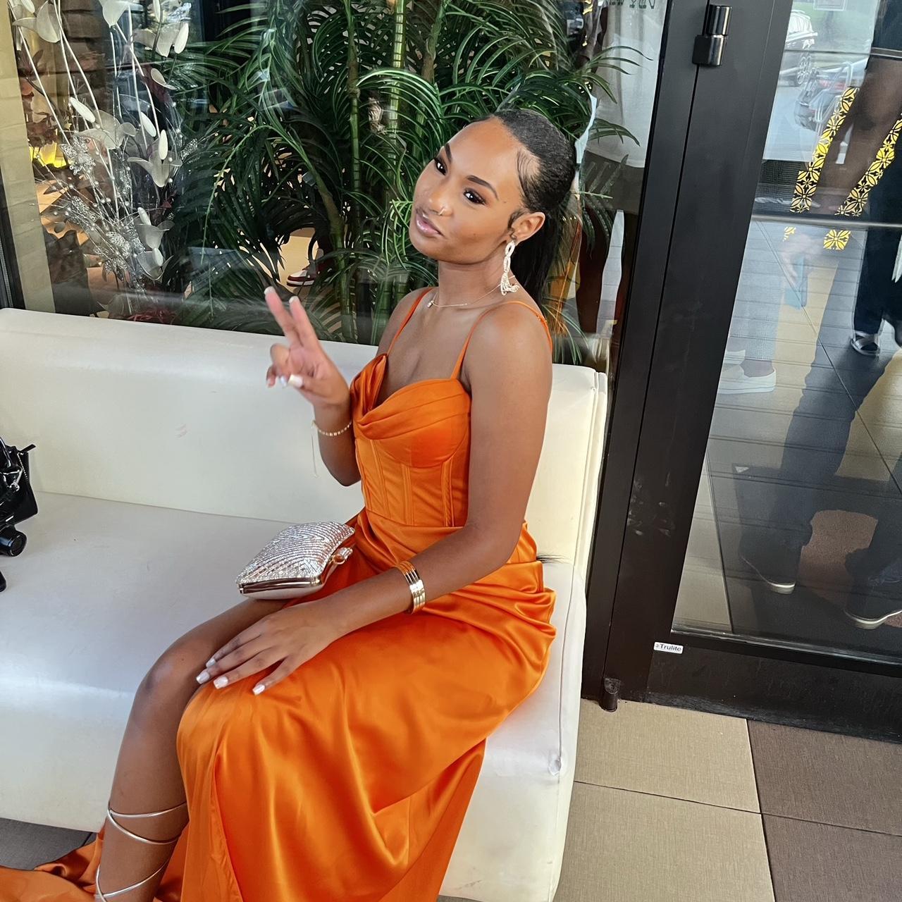 Elayna Orange Strappy Satin Corset High Slit Gown - Depop