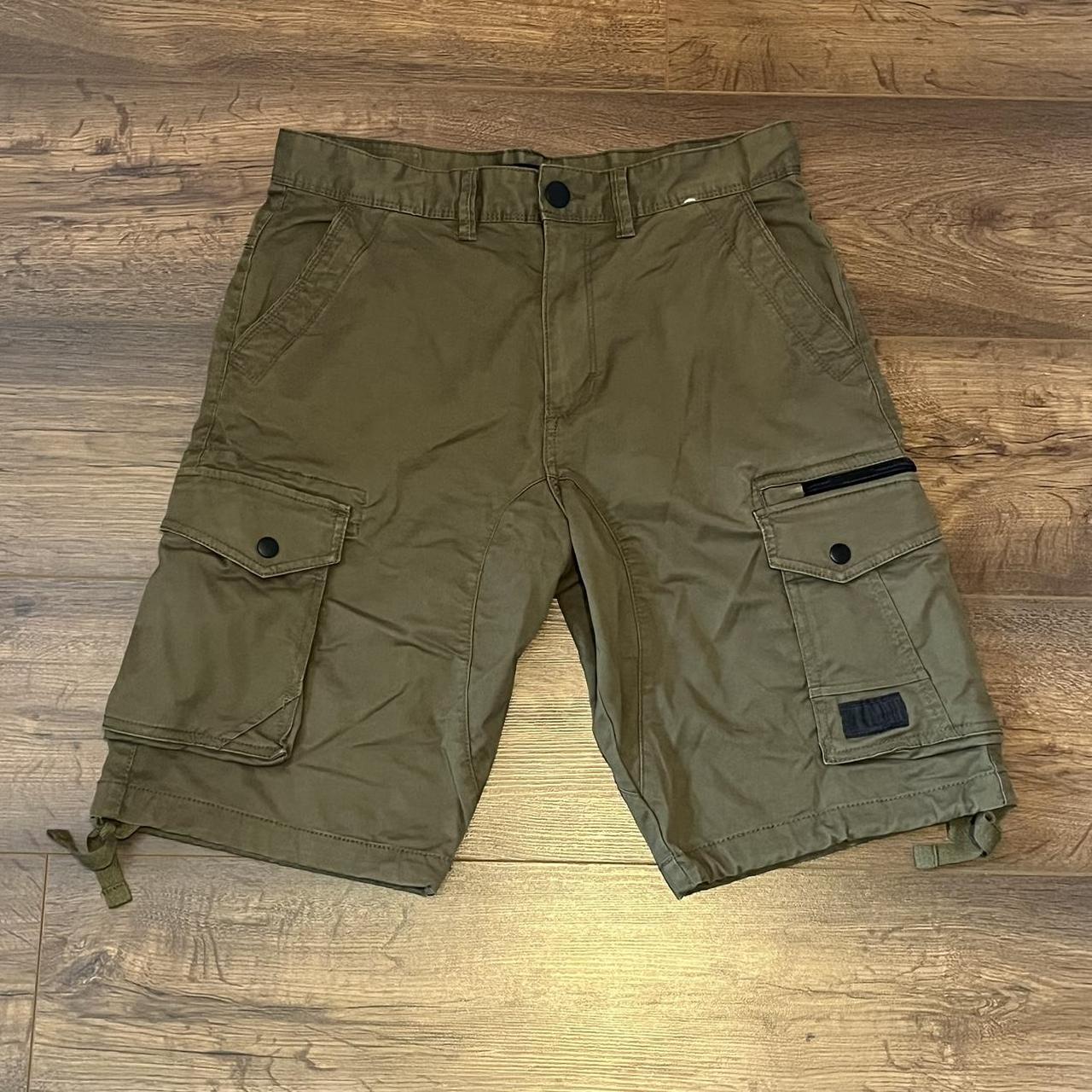 khaki denim cargo baggy jorts waist 30 tiny white... - Depop