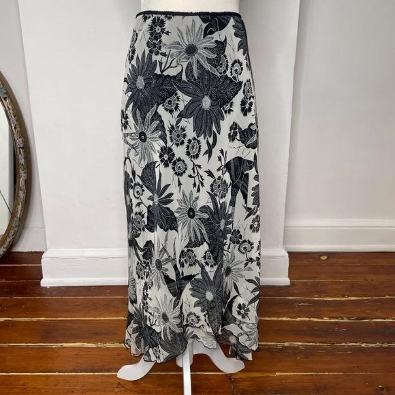 90s Fairy Maxi Slip Skirt Black and White Floral... - Depop