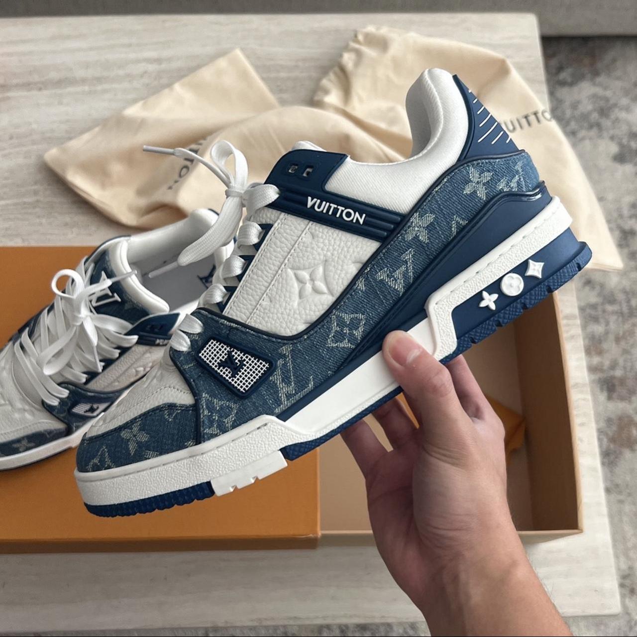 Louis Vuitton Trainer Denim Size 8 can fit a 9 worn... - Depop