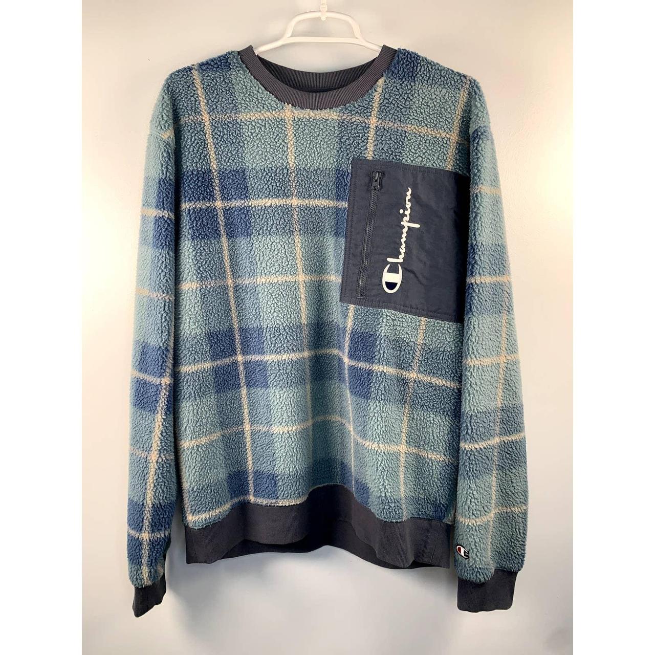 Champion Mens Blue Plaid Sherpa Crew Fleece Crewneck. Depop