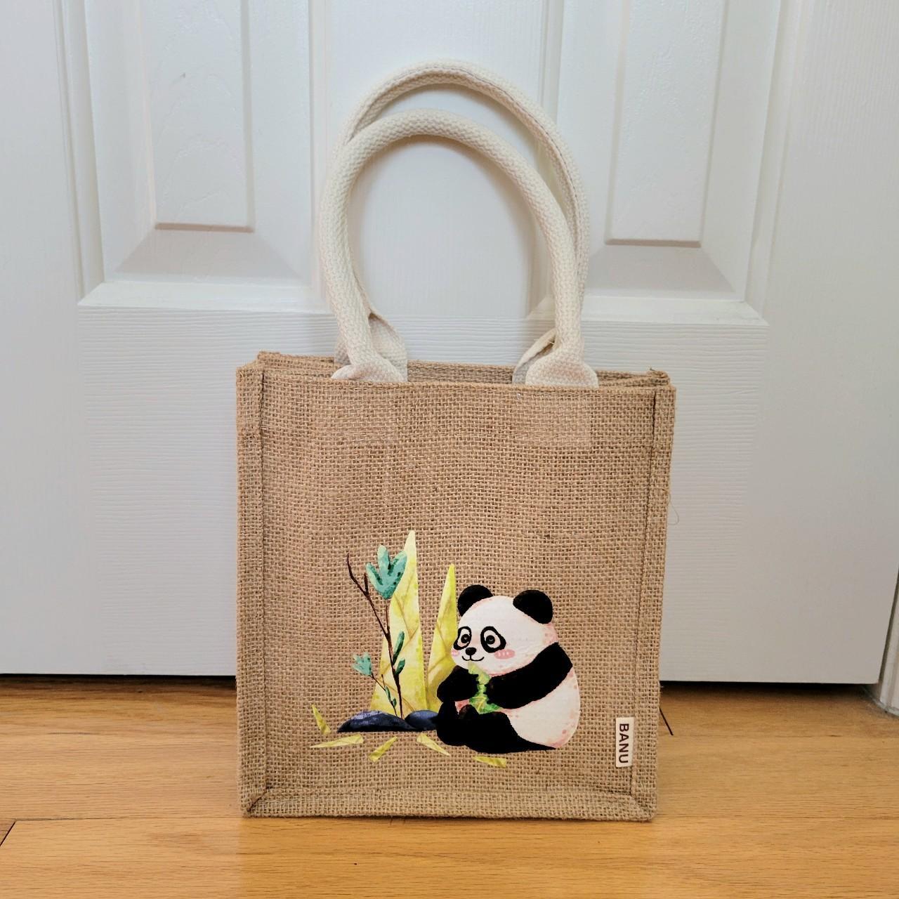 Small Panda Bamboo Tote Bag Tan w/ White Handles... - Depop