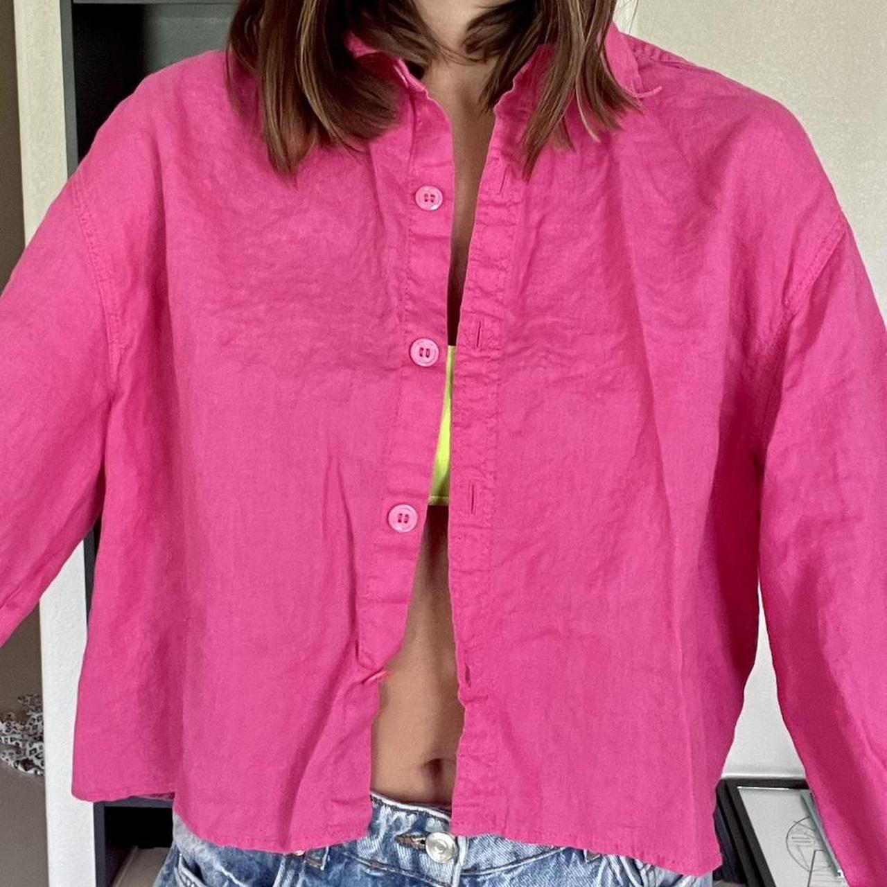 Hot Pink Zara Linen Button Up Shirt Small Worn once... - Depop