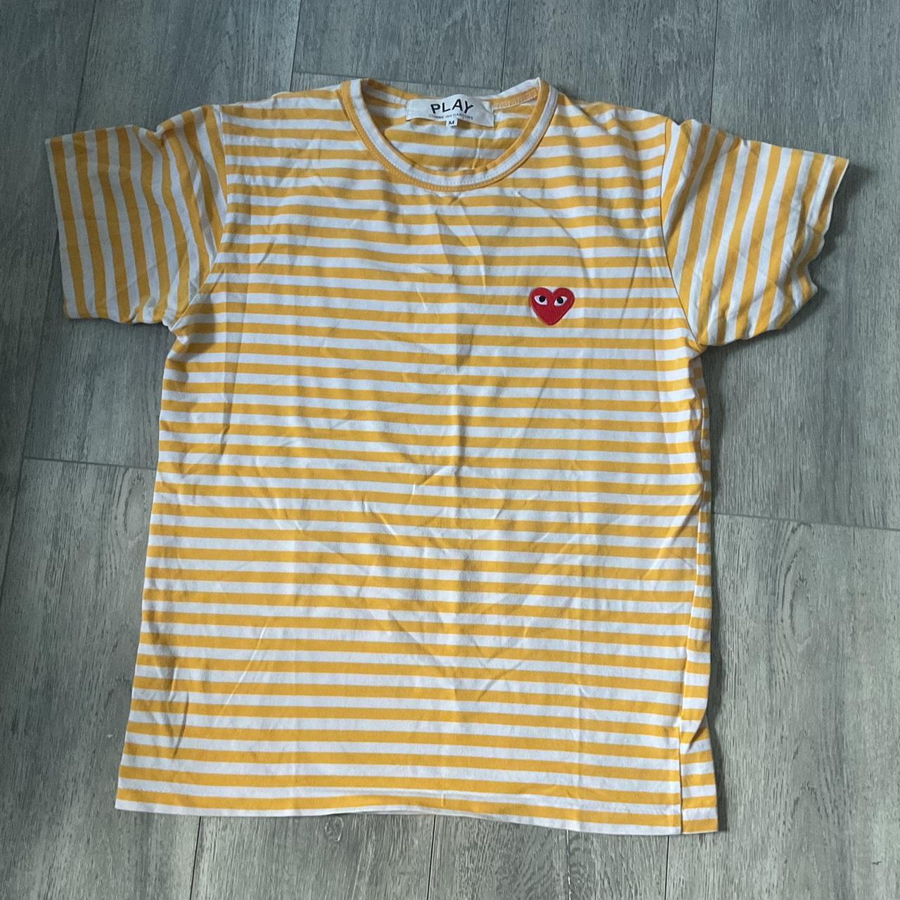 Comme de garçon heart yellow /red stripey T-shirt... - Depop