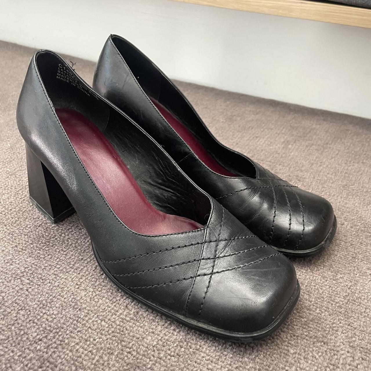 vintage square toe leather heels labelled size 8... - Depop