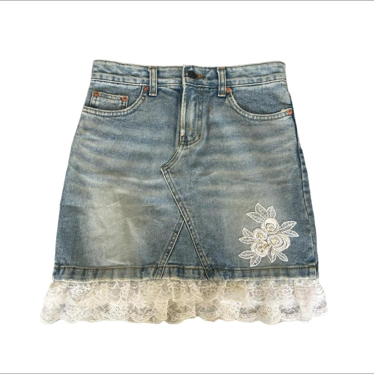 lace trim and embroidered denim mini skirt cutest... - Depop