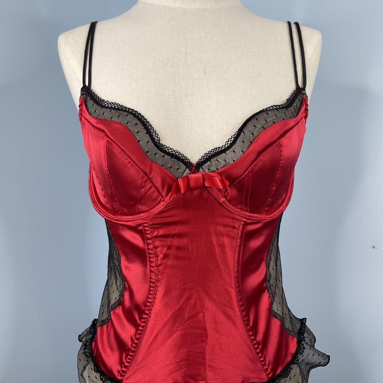 Red Lace Trim Satin Corset, Tops