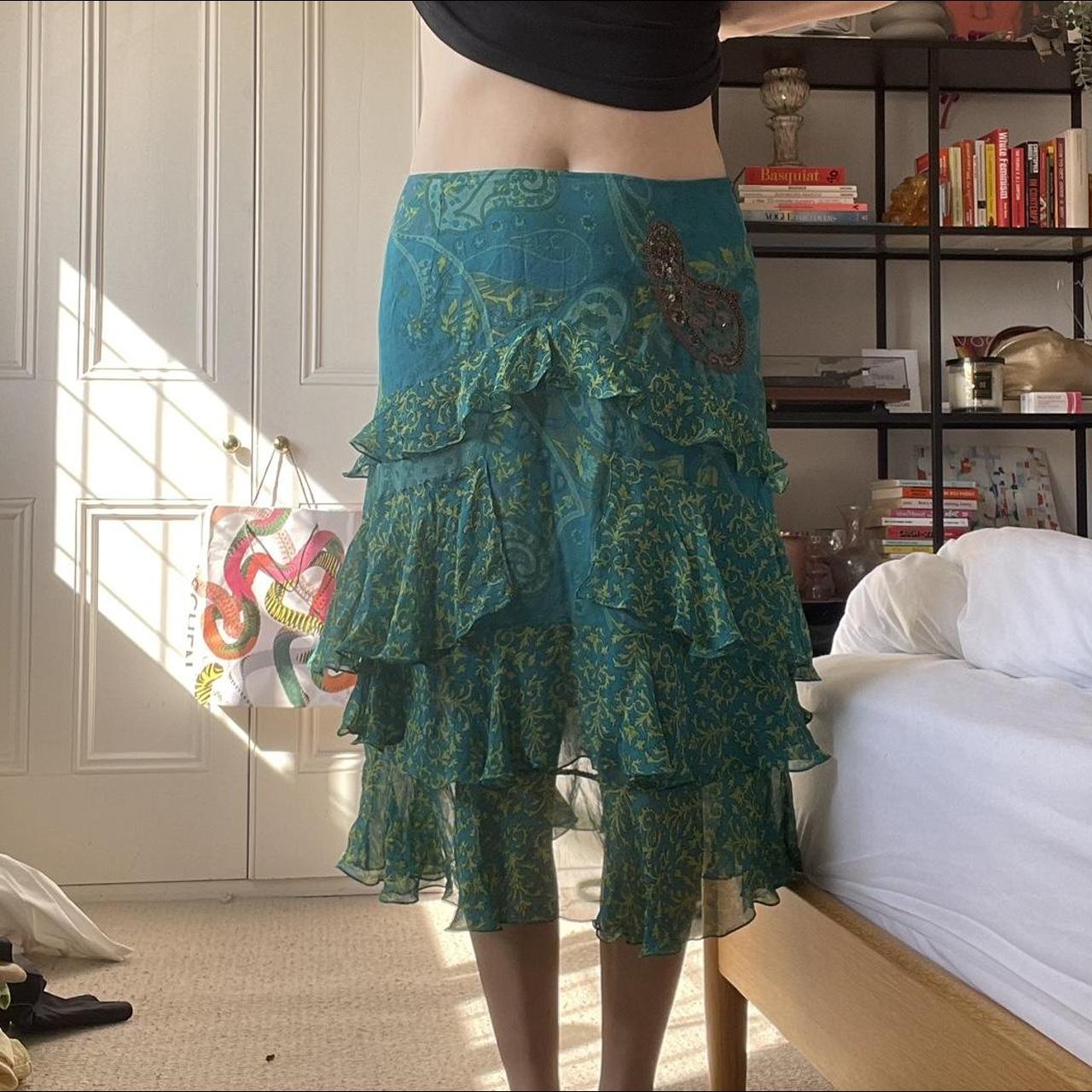 Y2K vintage Karen millen green and blue silk skirt... Depop