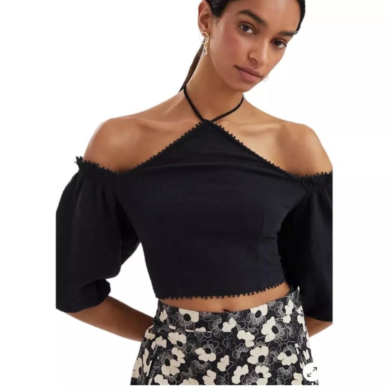 Fun black off the shoulder cropped halter peasant