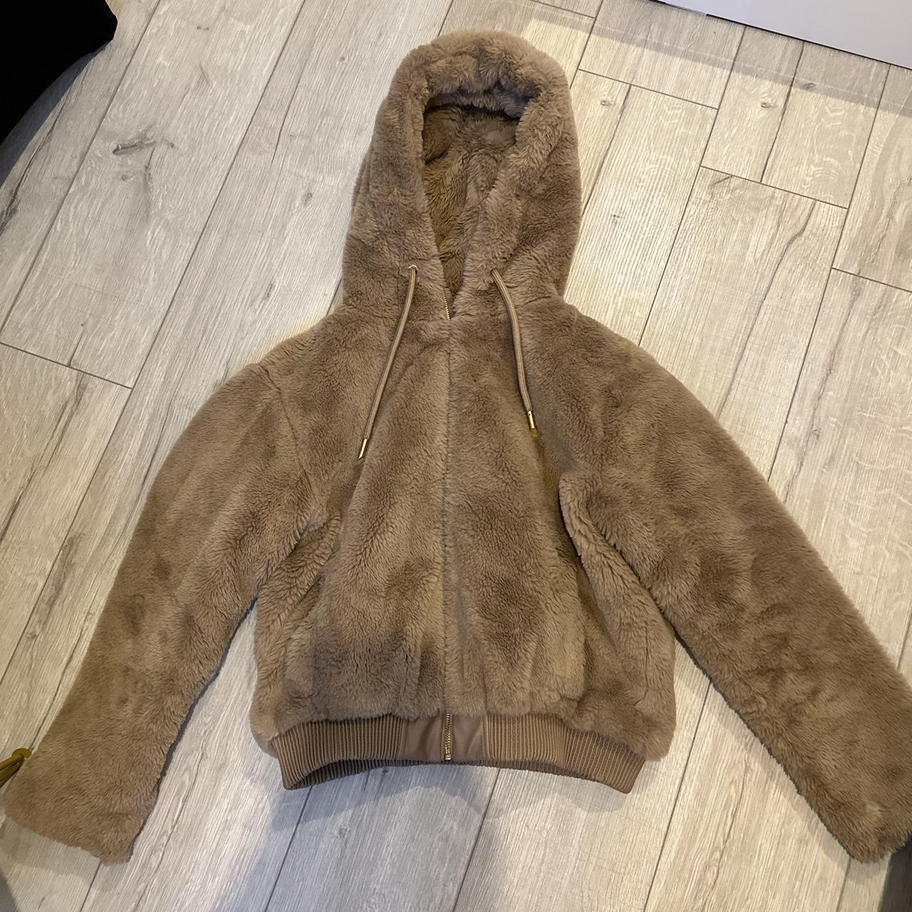 Zara faux fur hooded jacket Colour camel Size... - Depop