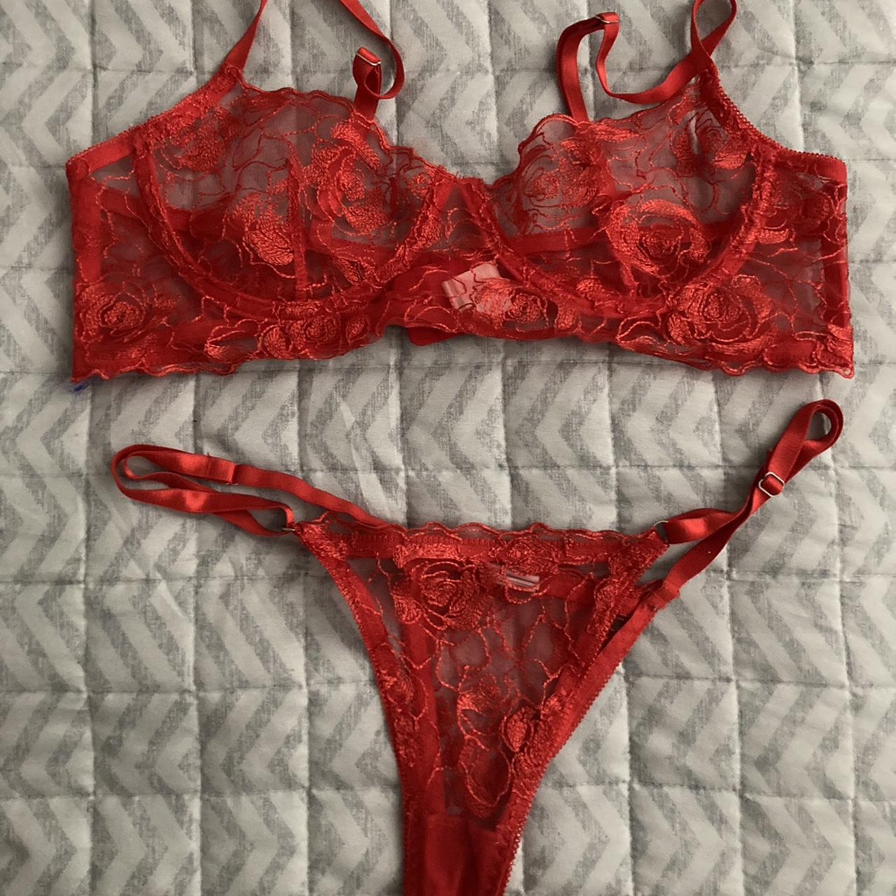 Shein red lace bra and adjusted thong set Worn once... - Depop