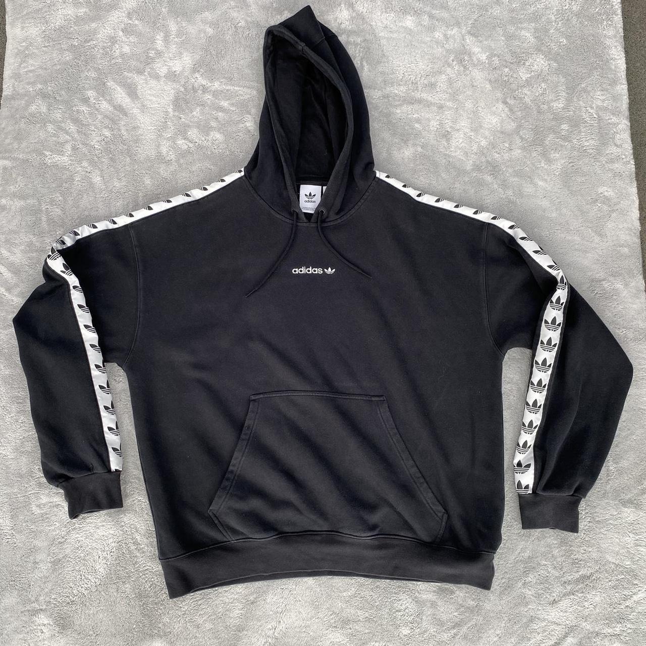 Black adidas tape hoodie hotsell