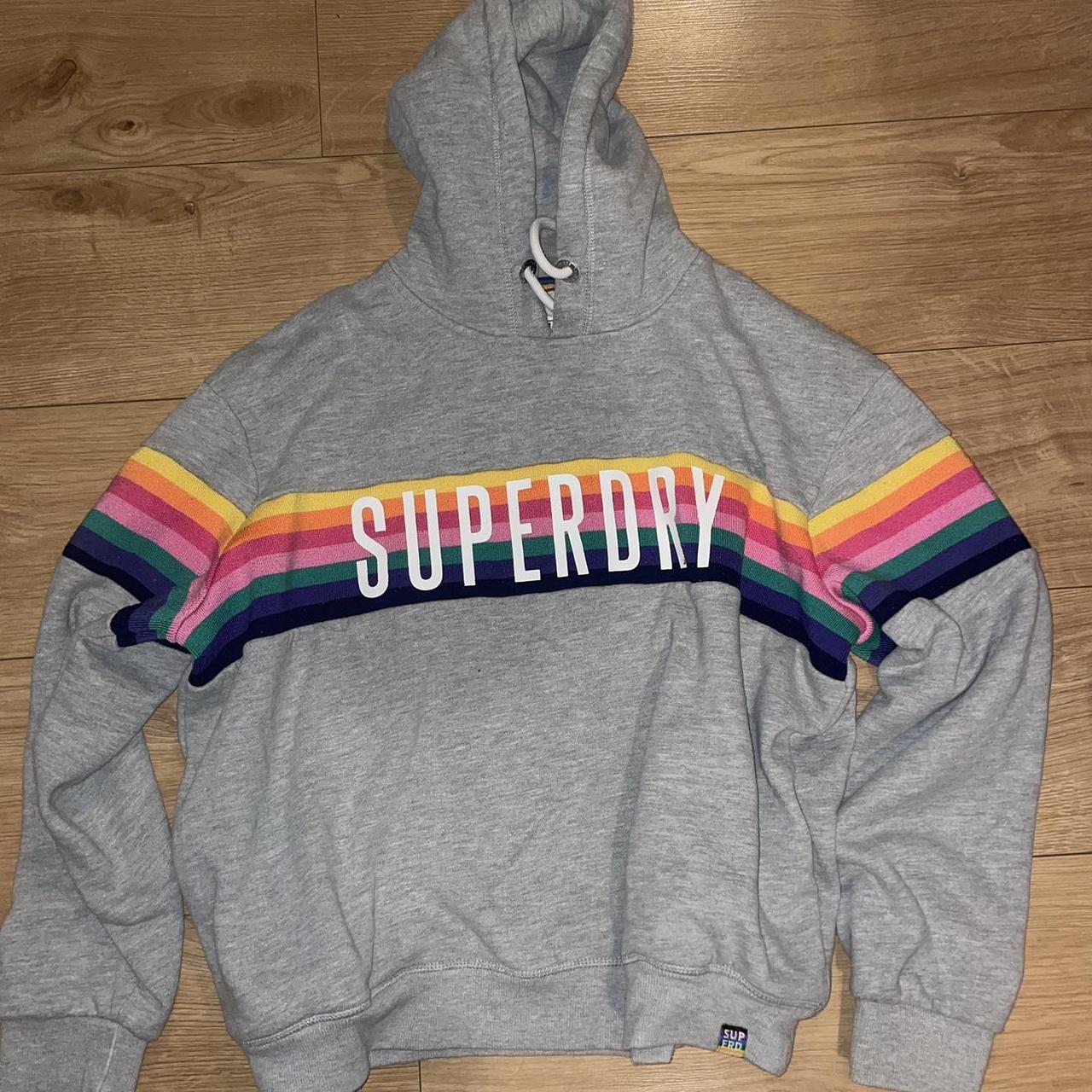 grey and rainbow superdry hoodie size 16 but fits a Depop