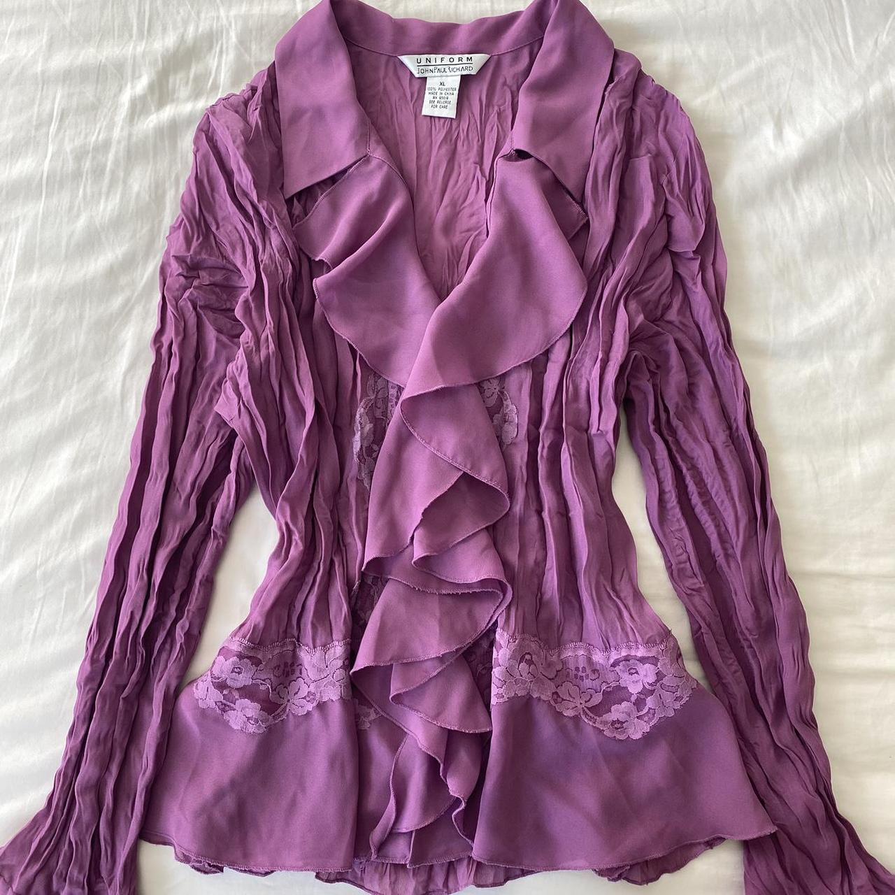 Y2K purple plisse ruffle blouse Button up front.... - Depop