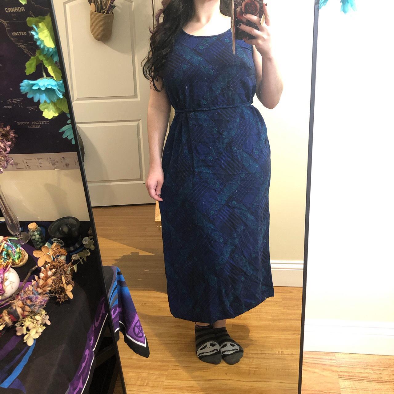 Blue and green maxi dress with side skits on both... - Depop