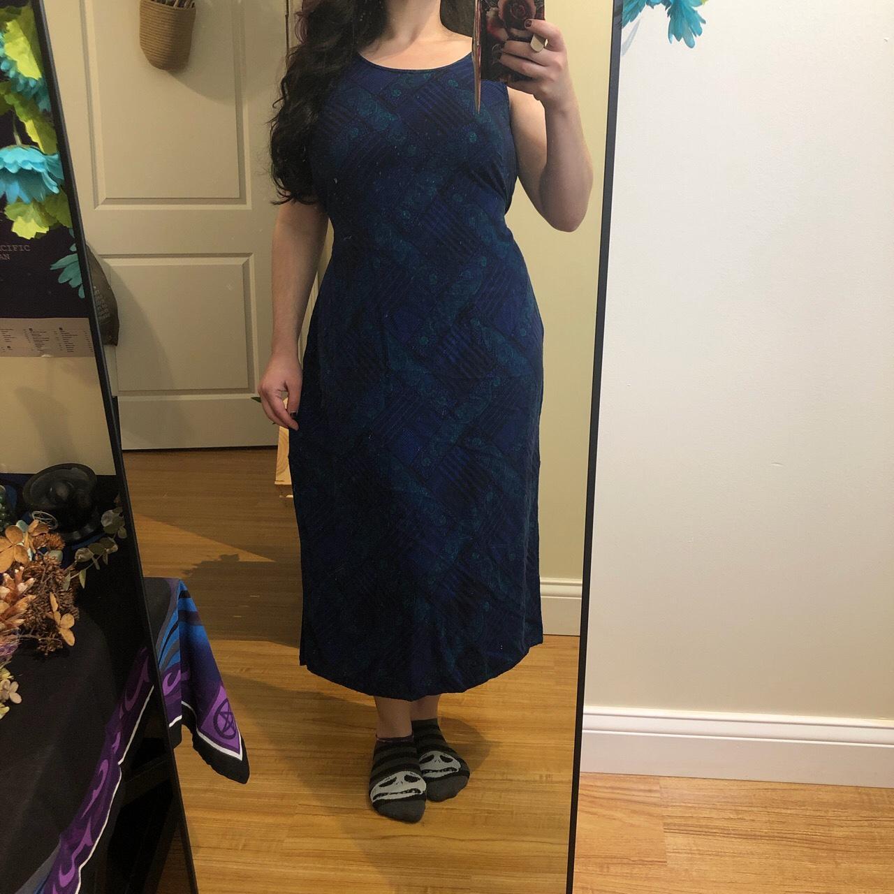 Blue and green maxi dress with side skits on both... - Depop