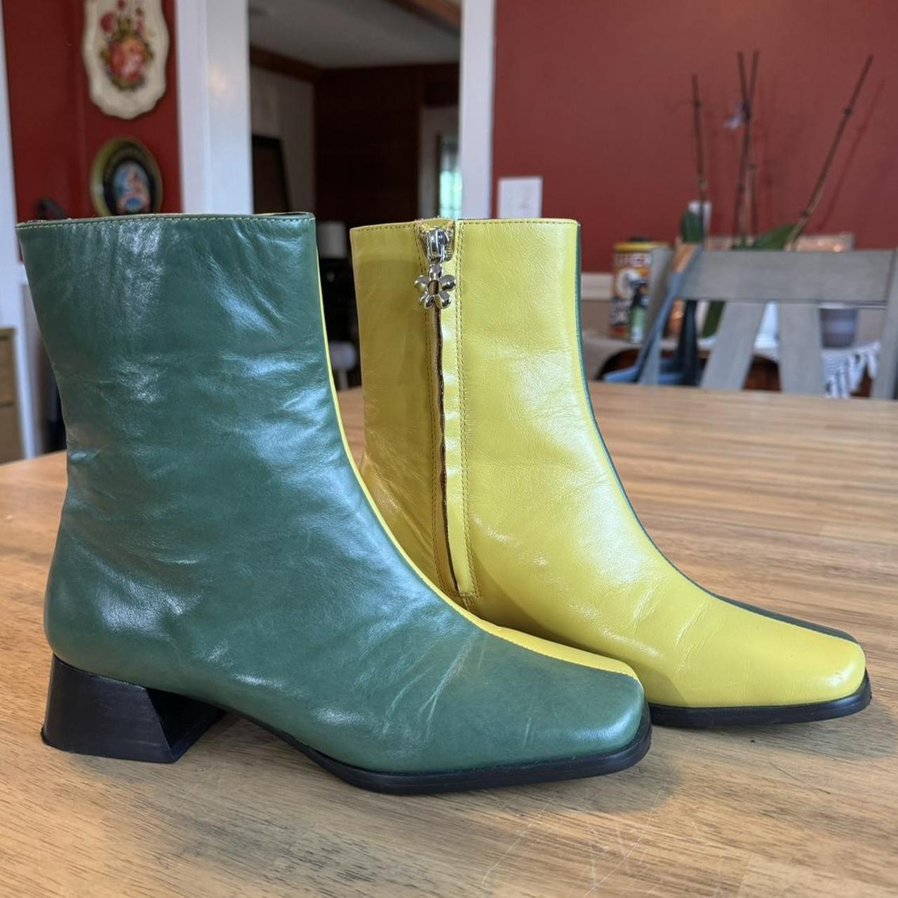 Green and yellow leather boots with a square toe. | Depop