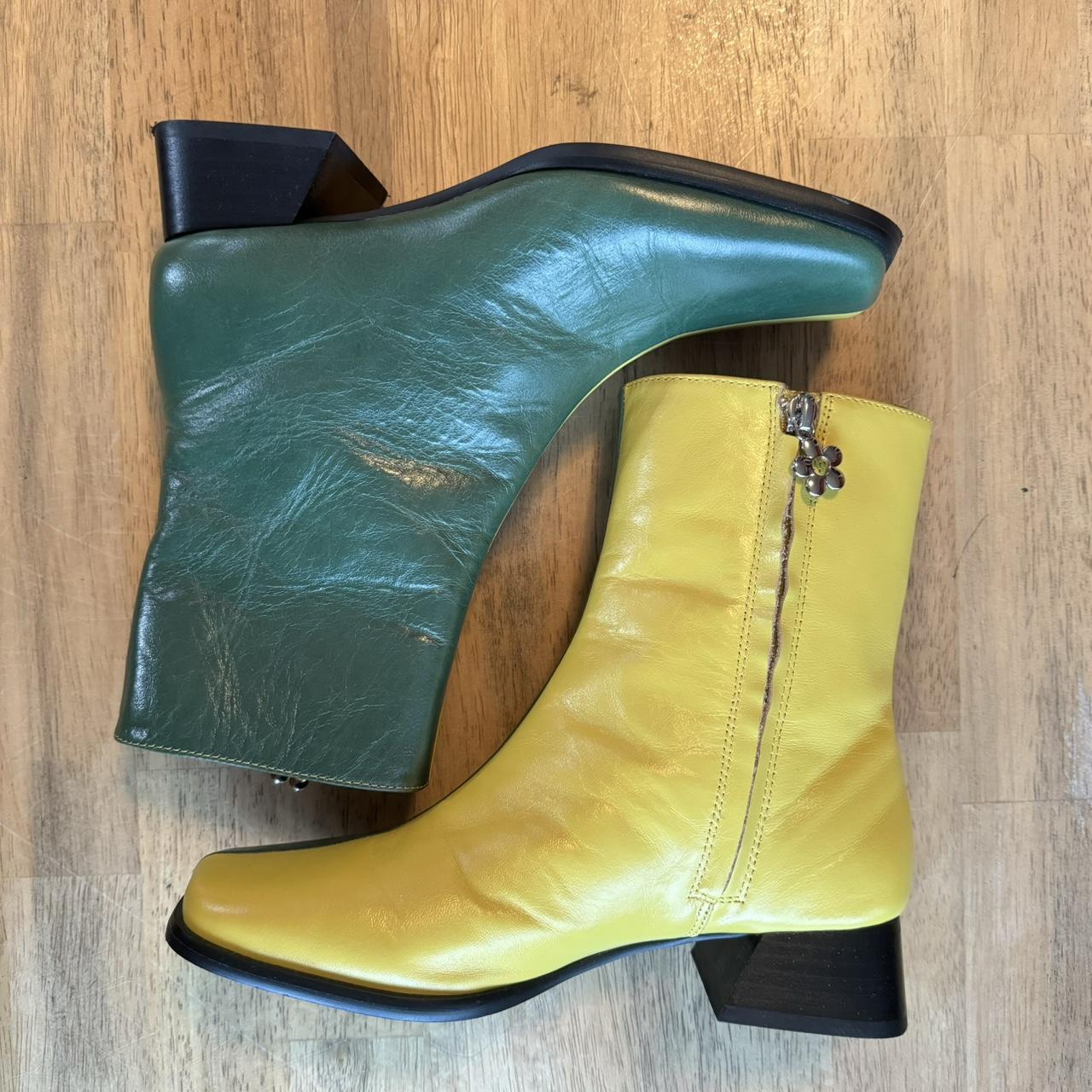 Green and yellow leather boots with a square toe. | Depop Green and yellow leather boots with a square toe. | Depop