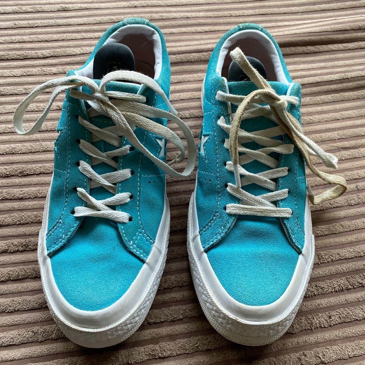 Converse turquoise suede hardly worn now too small... - Depop