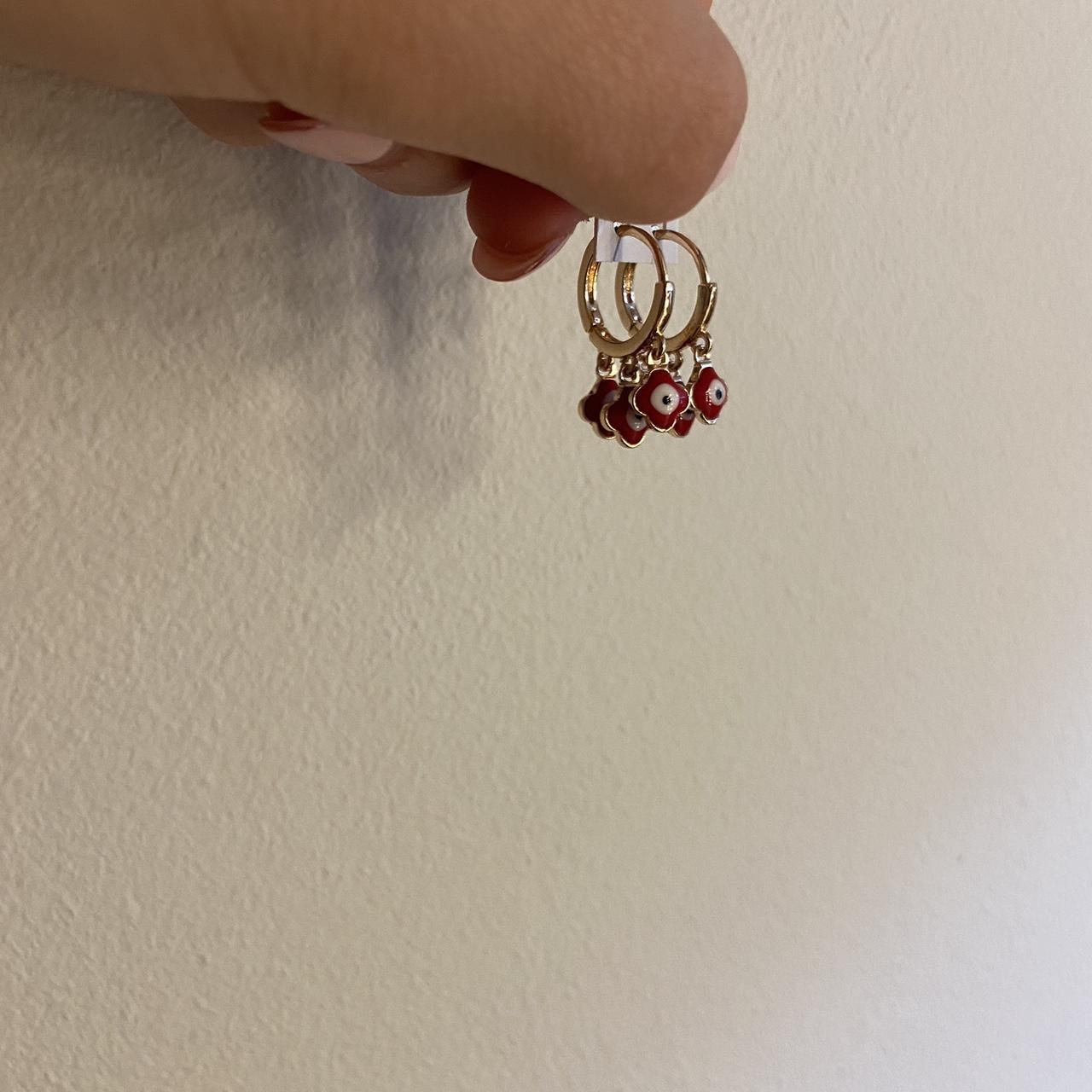 Red evil eye gold plated hoop earrings -hoop... - Depop