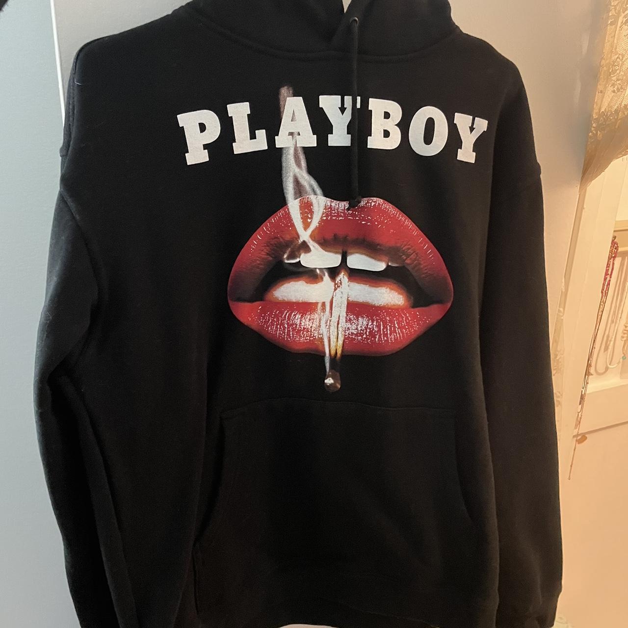 Unisex playboy black hoodie size L Worn once or... - Depop