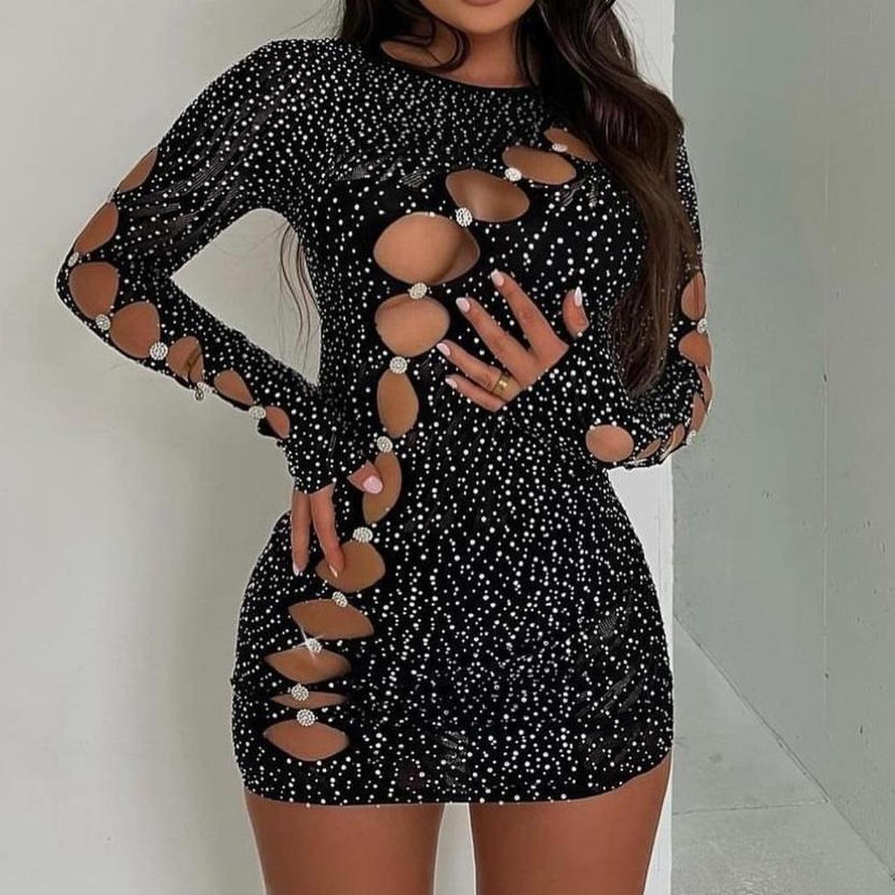 Black Rhinestone Studded Cut Out Long Sleeve Seamless Dress – Hot