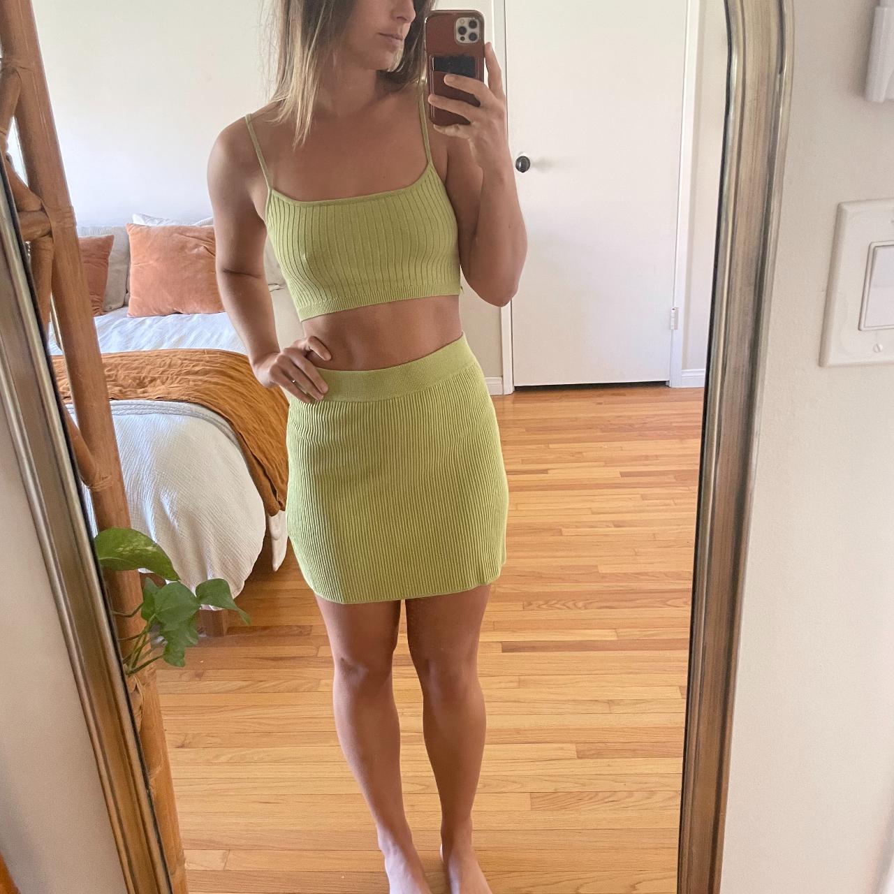 Lime Green Free People Knit Crop and Skirt Co-ord... - Depop