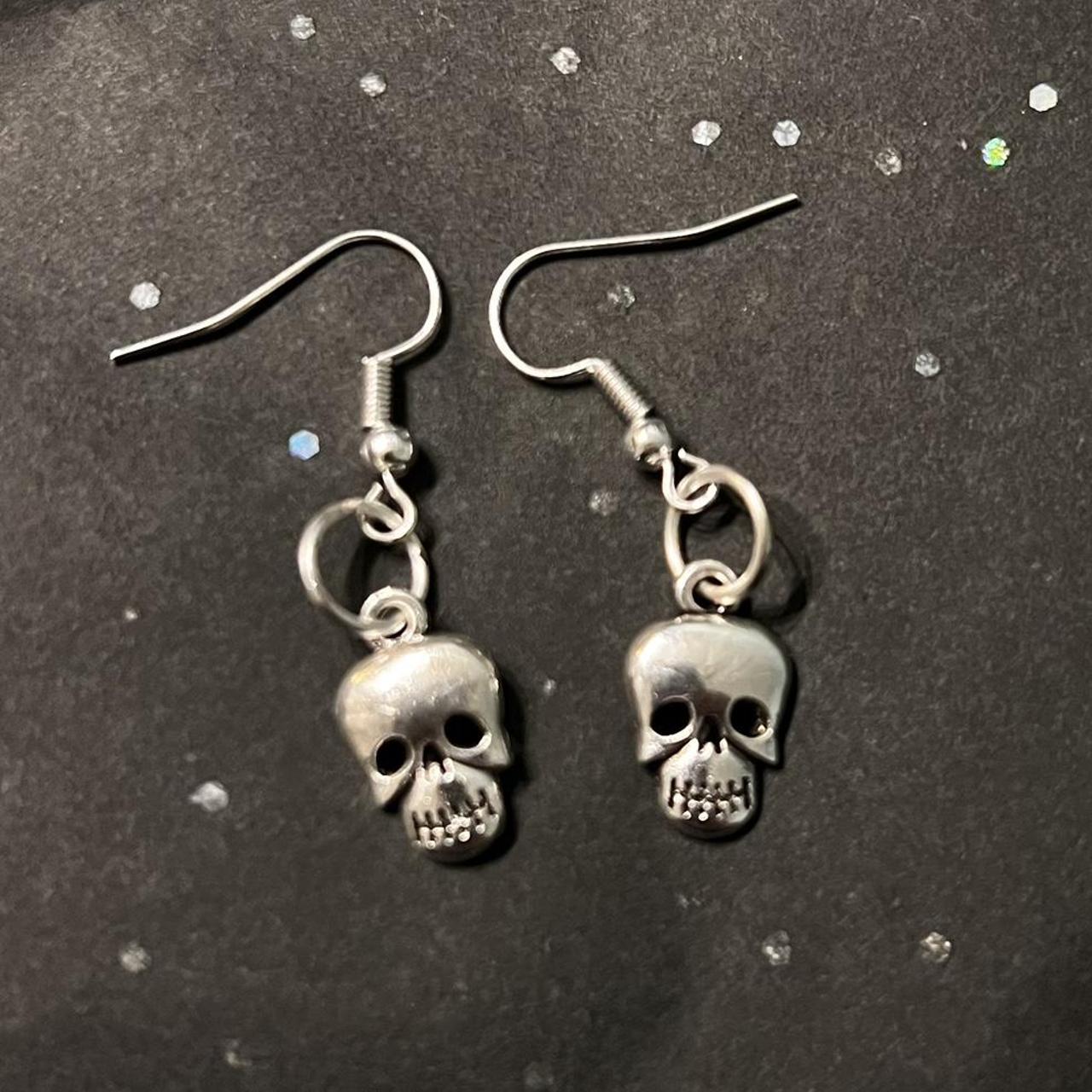 Silver skull earrings Handmade in UK Hypoallergenic... - Depop