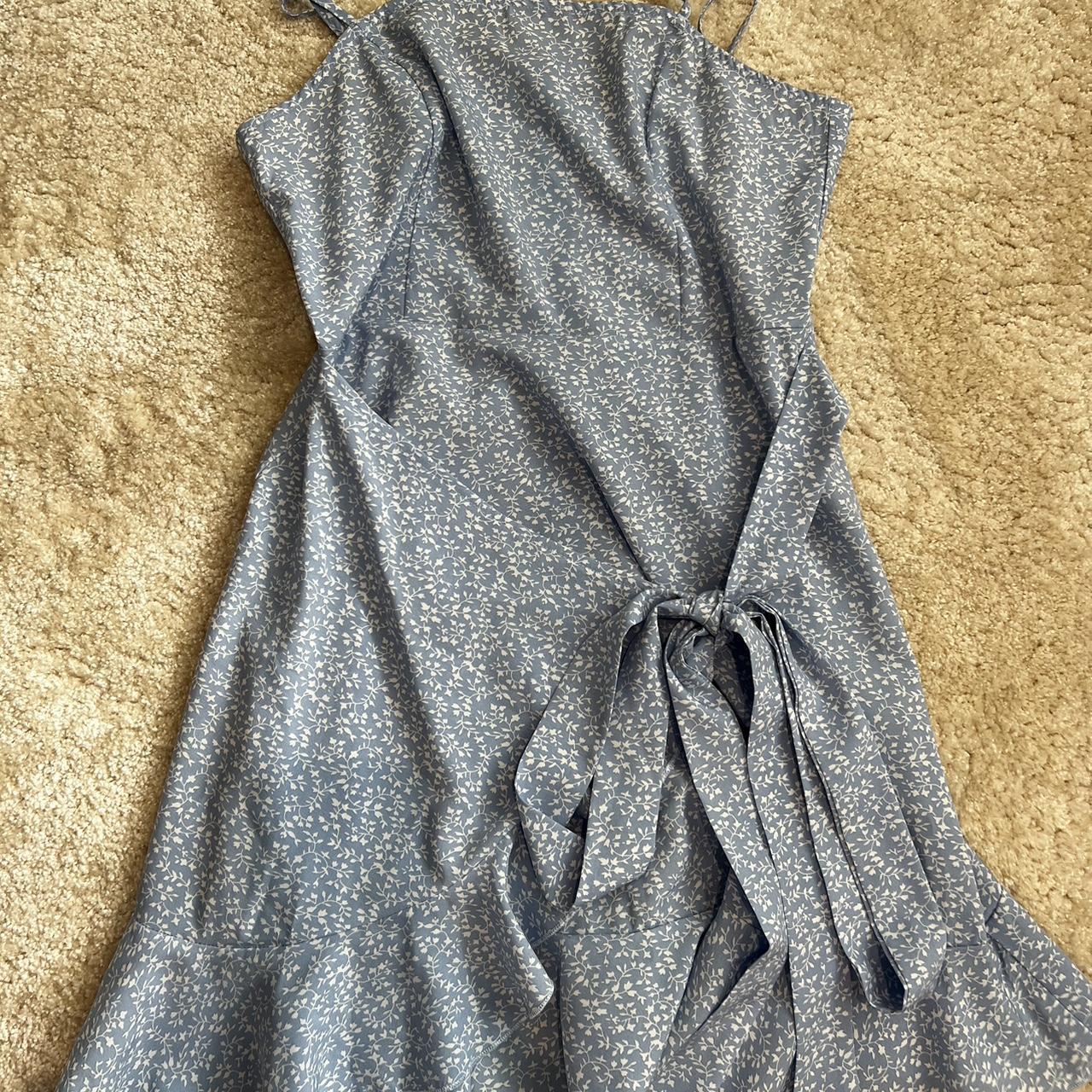 Blue floral wrap tie dress. Size 8 - Depop