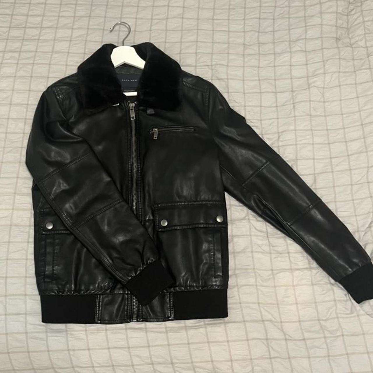 Mens Zara leather jacket with fur collar worn a... - Depop