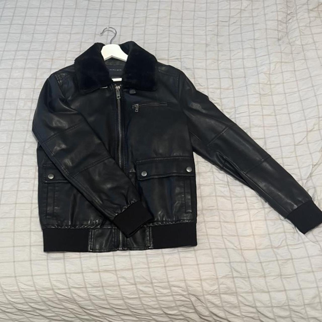 Mens Zara leather jacket with fur collar worn a... - Depop