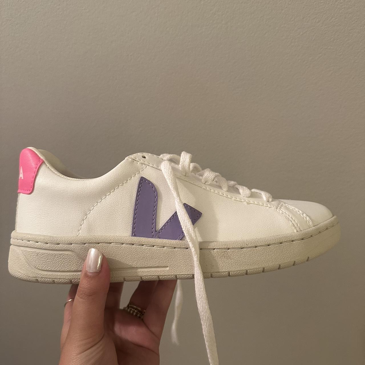 White vejas with a pink back and purple V - Depop